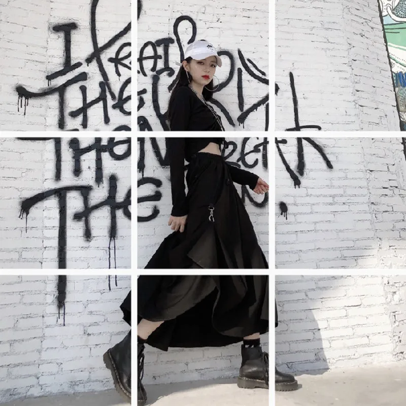 Женская длинная юбка с высокой талией черная Готическая свободная Регулируемая