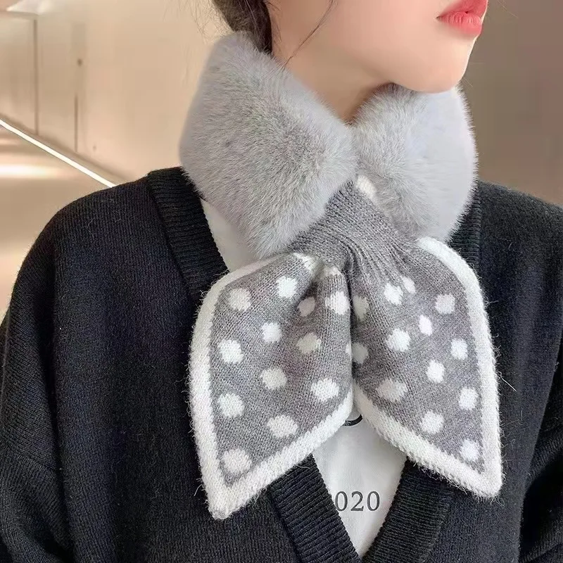Faux Fur Scarf Women Scarves Wool Stitching Faux Rabbit Fur Cross Plush Snood Fur Collar Cute Girl Scarfs for Ladies Keep Warm