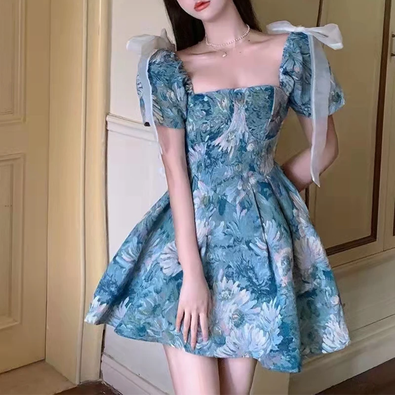 

Women Vintage Oil Painting Print Elegant Dress Casual Short Sleeve Tie-Up A-Line Mini Dress Summer Clothes Vestidos Party 2022