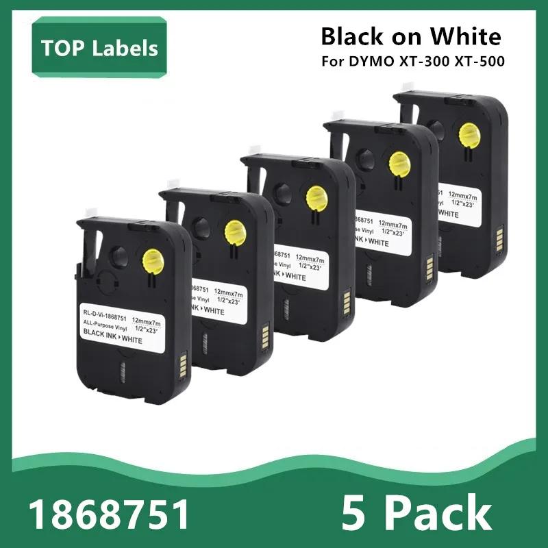

5PK Compatible1868751 Black on White All-Purpose Vinyl Label Maker for DYMO XTL XTL-300 XTL-500 Printer XTL300 XTL500 12mm*7m