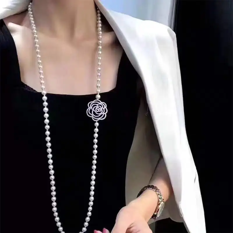 

New Micro Inlaid Zircon Freshwater Pearl Sweater Chain Women Floral Trend Necklace