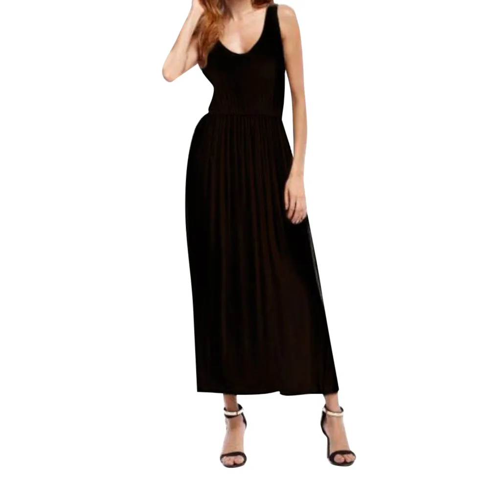 

Women's Solid Color Sleeveless Neck Pleated Long Dress Summer Dresses Halter