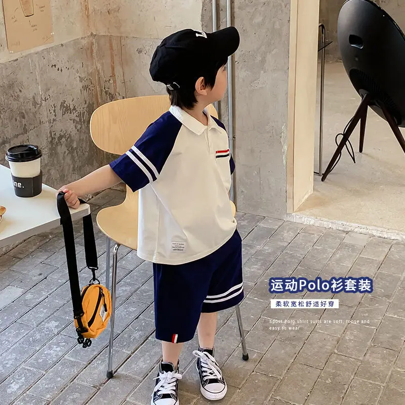 Boys' Short-Sleeved Suit 2022 Summer Clothes Children's Wear Fried Street Children's Polo Shirt College Style Clothes Children