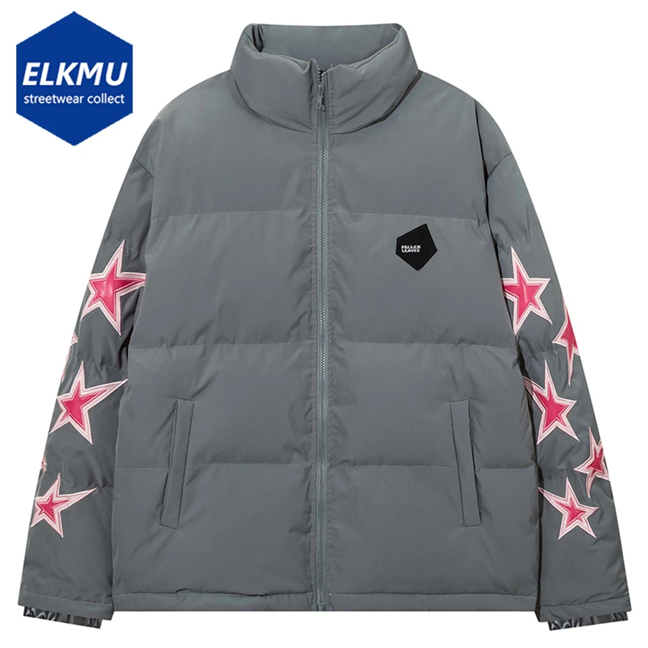 

Зимние парки с подкладкой, куртки в стиле Харадзюку, с вышивкой в виде звезд, толстая теплая куртка-пуховик 2023, Мужская модная повседневная парка в стиле хип-хоп, пальто зеленого