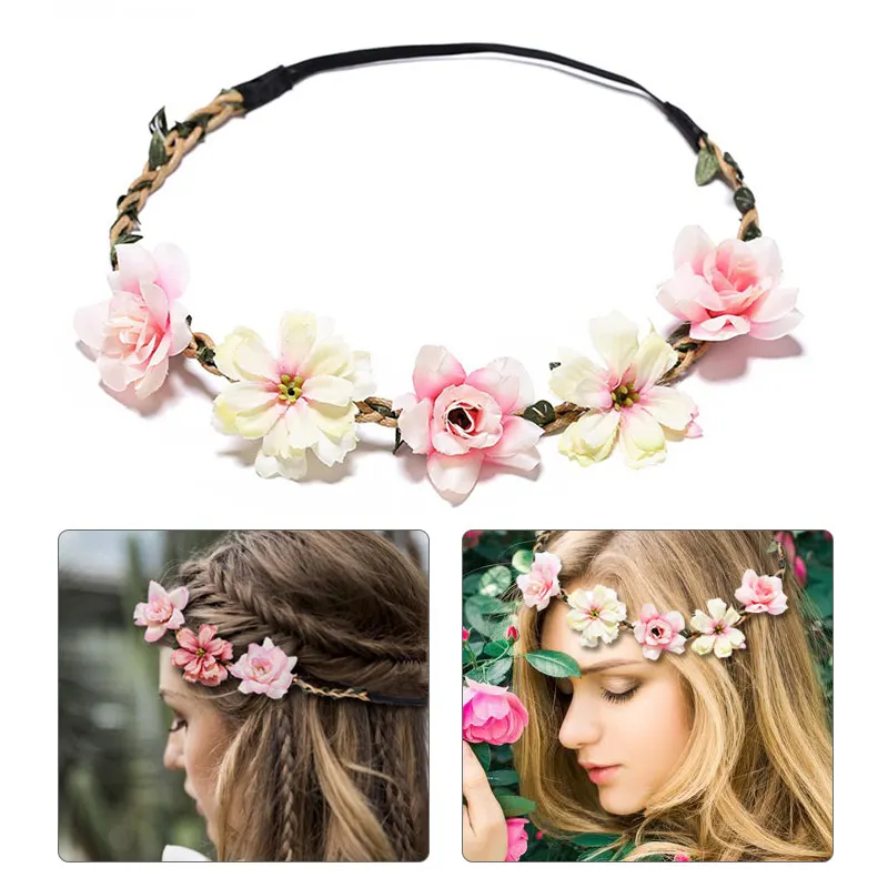 

Bohemian Rose Crowns Beach Hawaii Floral Garland Romantic Faux Wedding Wreaths Flower Headbands Hairband Women Bridal