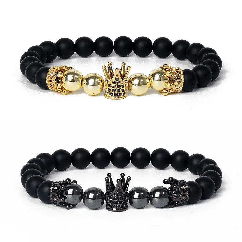 

Fashion Micro CZ King Crown Charm Bracelets Women Handmade Stretch Men's Bangle Tiger Eye Hematite Onyx Beads Bracelet Jewelry