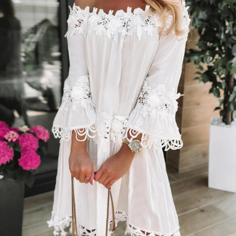 

2023 White Dress Sexy Strapless Slash Collar Lace Flower Patchwork Dresses Women Beach Fashion Elegant Party Dress Tunicas