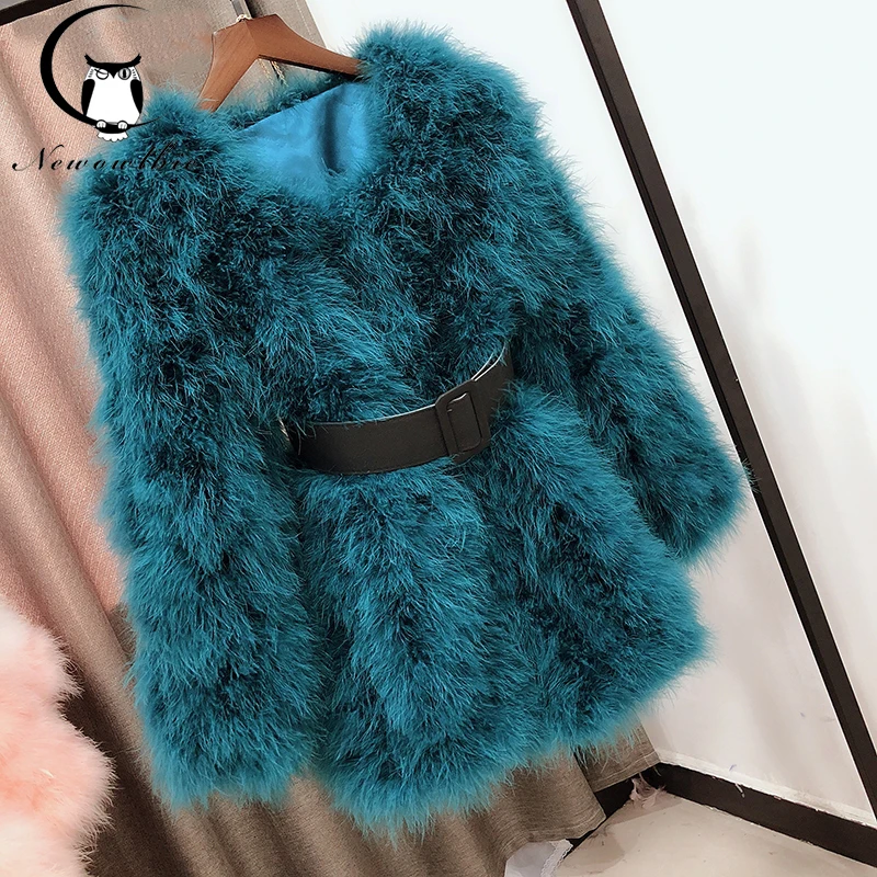 Real fur coat medium length turkey feather hand sewn solid color warm top with cotton lining suitable for temperature 0 ℃ - 10 ℃