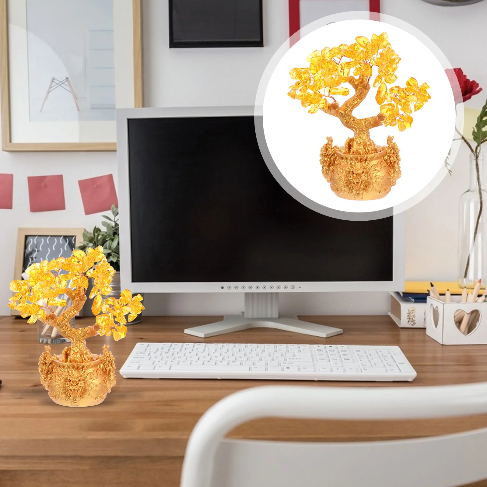 

Tree Money Bonsai Chinese Shui Feng Figurine Ornament Crystal Statue Wealth Lucky Fortune Decor New Year Tabletop Coin Golden