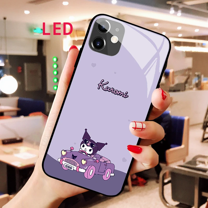 

Kuromi Luminous Tempered Glass phone case For Apple iphone 13 14 Pro Max Puls Luxury Fashion Simplicity RGB Backlight new cover