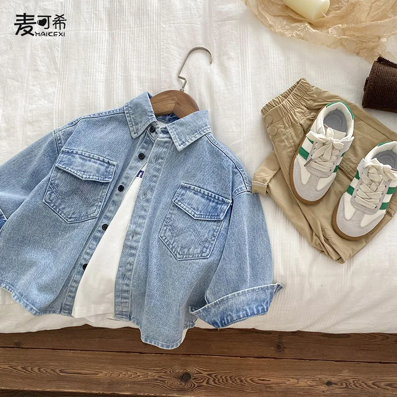 

Детская одежда, ковбойская рубашка для мальчиков, весна-осень 2023, детская модная джинсовая рубашка в западном стиле с лацканами в стиле интернет-знаменитостей