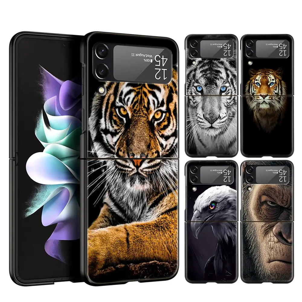 

For Samsung Galaxy Z Flip 3 4 5G Hard Black Folding PC Phone Case Lion Tiger king Luxury For Samsung Z Flip3 Cover Protect Shell