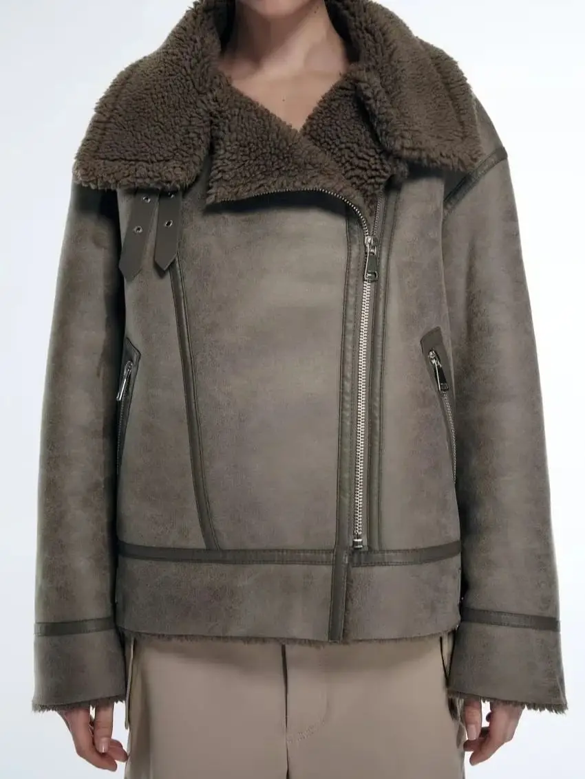 Autumn Winter 2022 Women's Dark Brown Two Wear Collar Fake Fur Pockets Long Sleeve Zipper Padded Jacket Vintage Fashion Warm