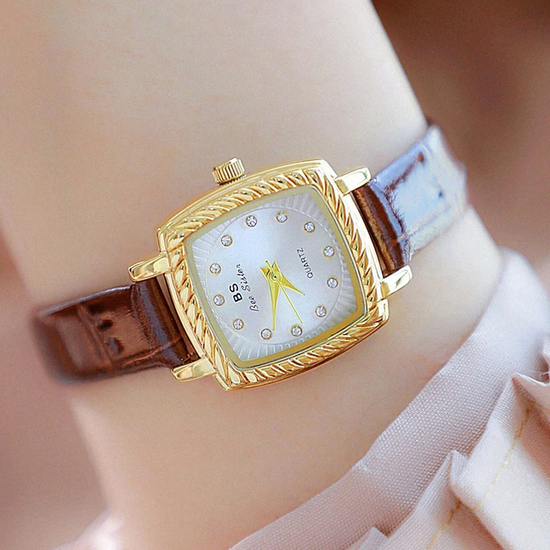 

BS Bee Sister Small Square Women Watch Famous Luxury Brands Waterproof Leather Gold Wristwatches for Ladies Reloj Mujer 2023