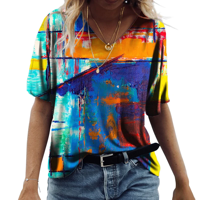 

Tie Dye T Shirts Women Painting Print T Shirt Casual V-Neck Loose Cotton Tshirt Summer Short Sleeve Lady Tops Oversized Clothes