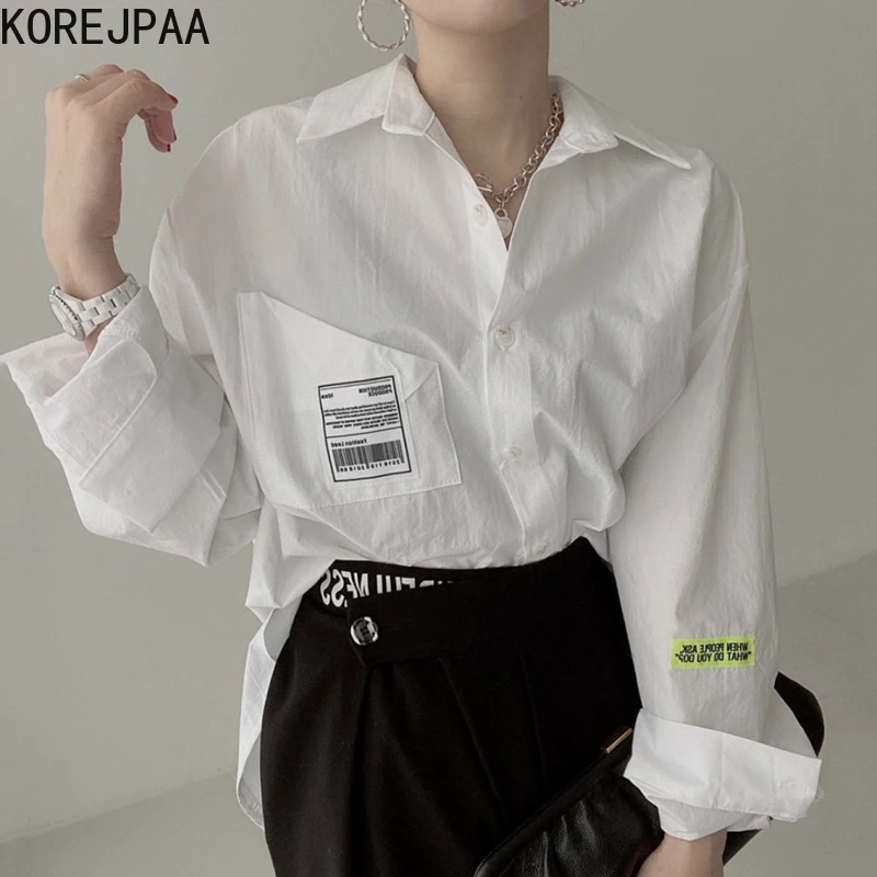 

Korejpaa Women Shirts 2021 Autumn Korea Temperament Ladies Lapel Single Breasted Loose Versatile Letter Printing Pocket Blouses