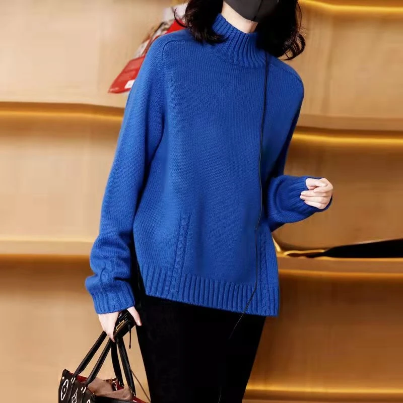 

Женский шерстяной свитер, однотонный плотный пуловер с полувысоким воротником, повседневный Универсальный шерстяной Свободный вязаный свитер с низом