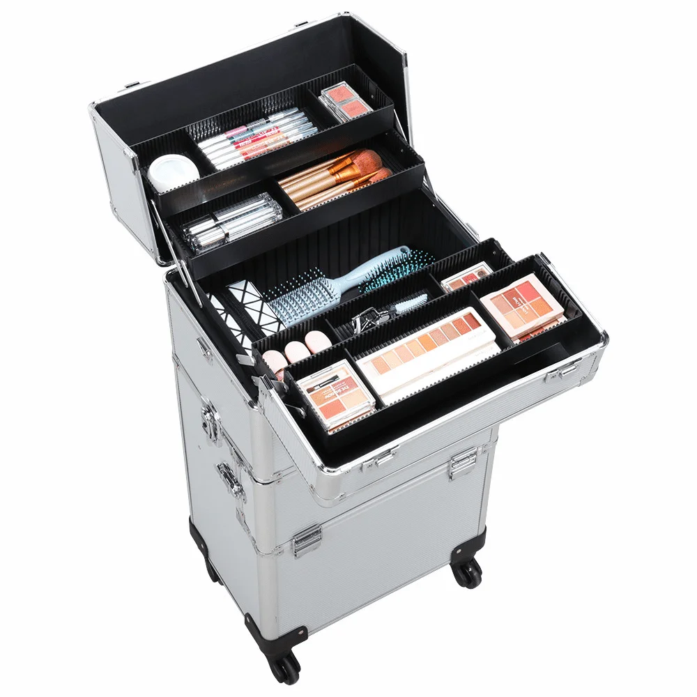 

,SmileMart Professional Makeup Case, 3 In 1 Portable Trolley, Silver
