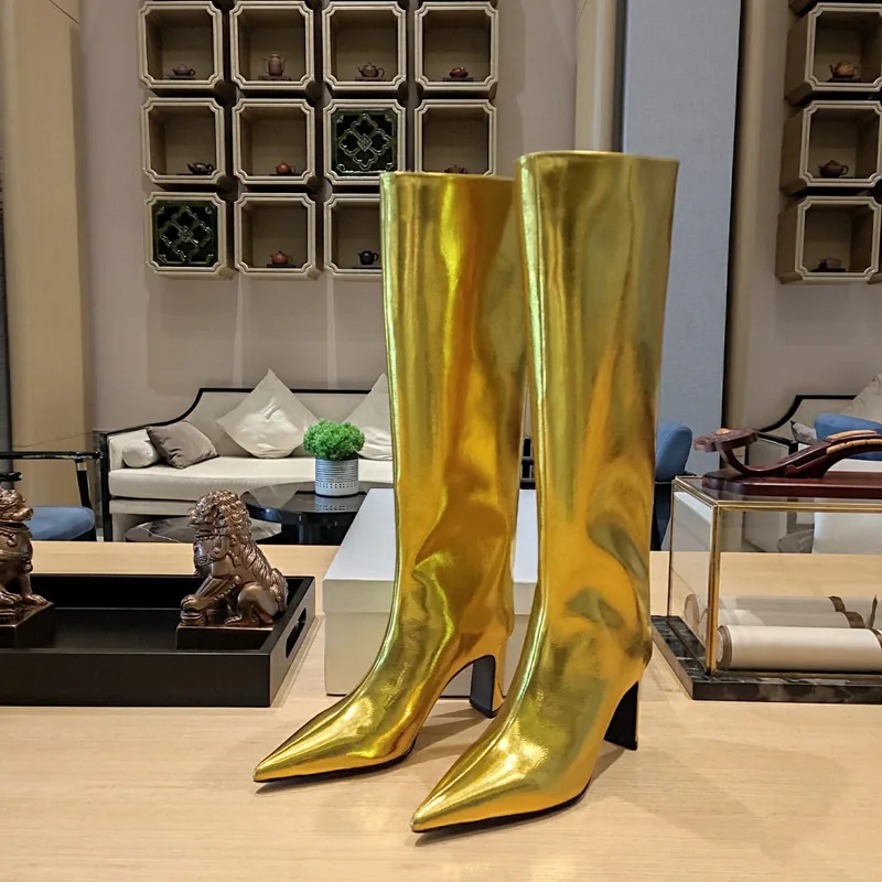 Women's New Pointed Thick Heel Sleeve Knee High Women's Boots Fashion Fashion Show Gold Large Women's Boots Winter Boots