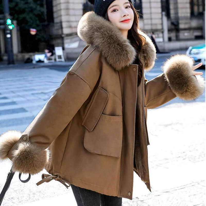 Women Outwear Solid Green Winter Thick Jackets High Quality Trench Faux Lamb Wool Coats Long Sleeve Hooded Zipper Short Fur Coat