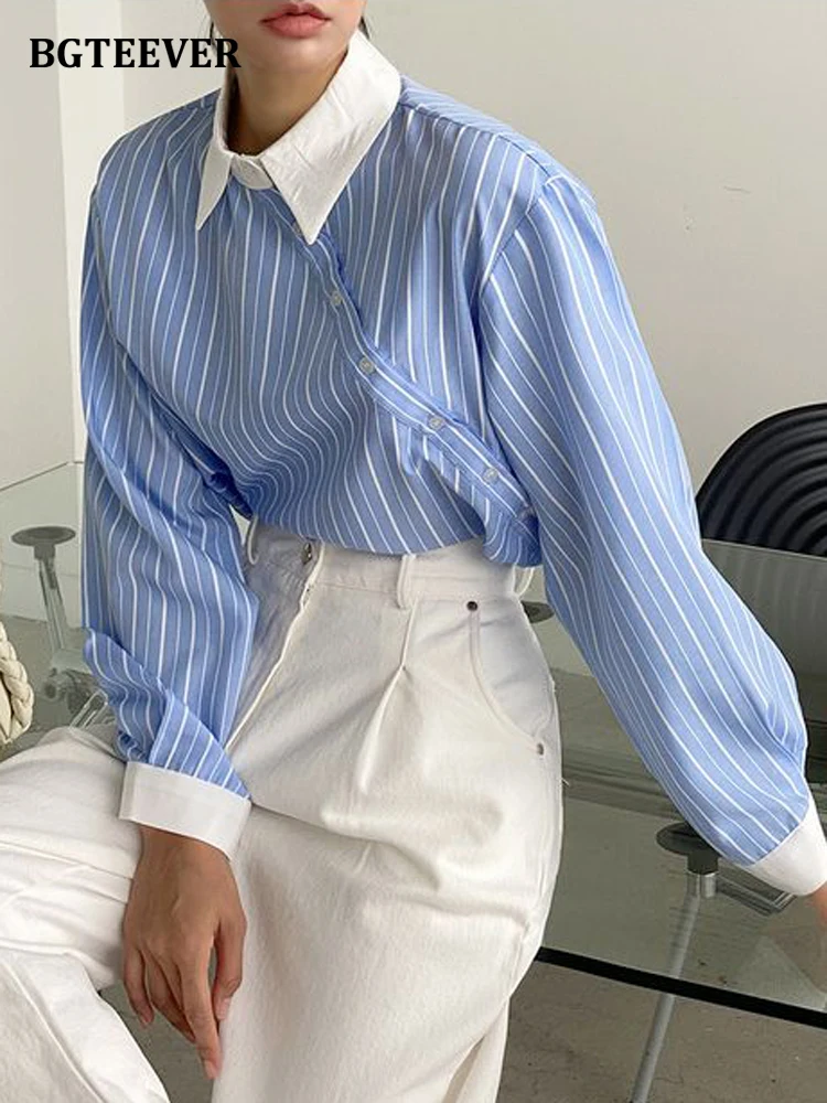 

BGTEEVER повседневные женские полосатые рубашки с отложным воротником Топы с длинным рукавом однобортные Свободные повседневные Лоскутные же...