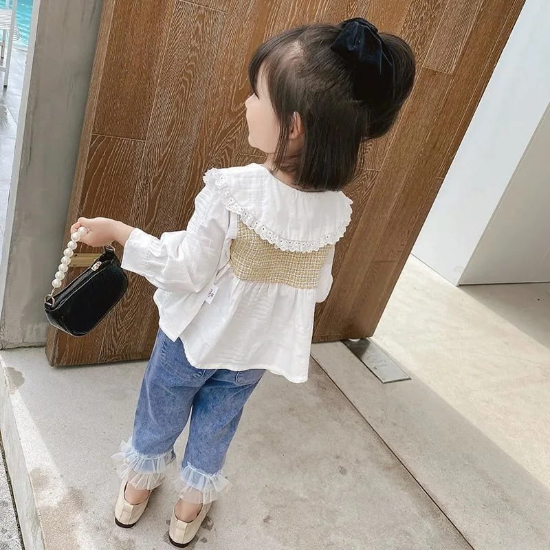 Корейский стиль топ с имитацией двух длинных рукавов для девочек рубашки детская
