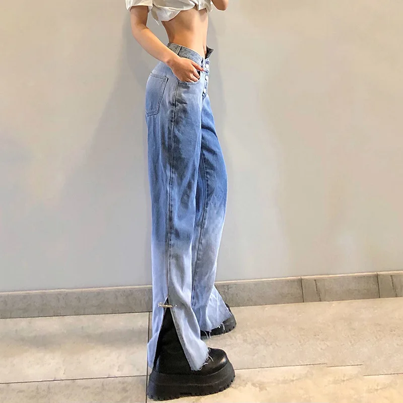 Spring and Summer Style Worn Buttons Women's Loose High-waisted Street Fashion Gradient Split Straight Jeans Women's Clothing