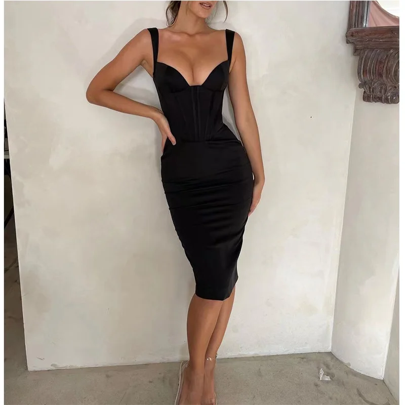 

Women's Summer Spaghetti Strap 2022 Luxury Party Elegant Sexy Mesh Ruched Mini Sleeveless Black Backless Bodycon Dress