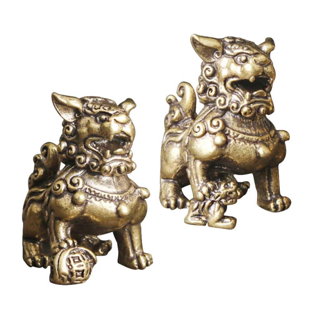

2 Pcs Brass Lion Ornament Retro Bookshelf Golden Figurine Craft Decor Statues Tea Pet Shaped Creative Animal