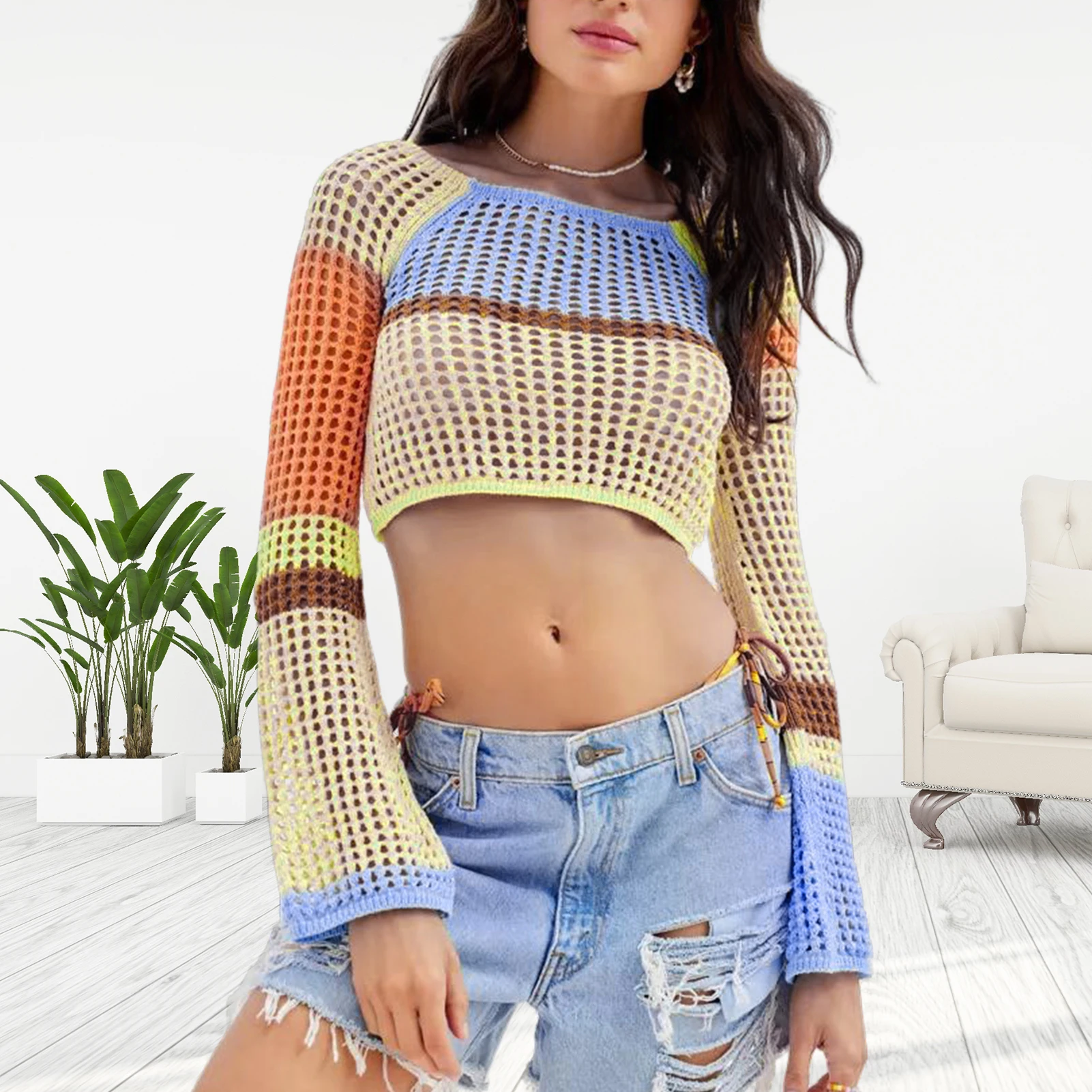 

Long Sleeve Women Crochet Crop Top Crew Neck Ladies Rainbow Vest Top Navel Exposed Y2K Style Slim Fit Daily Outfit