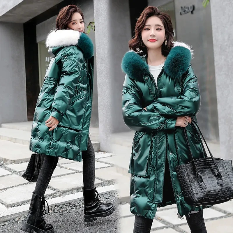 Down Jacket Women 2022 Winter New Hooded Warm Long Fur Collar White Duck Coat Female Casual Korean Loose Wash-free Shiny Parkas