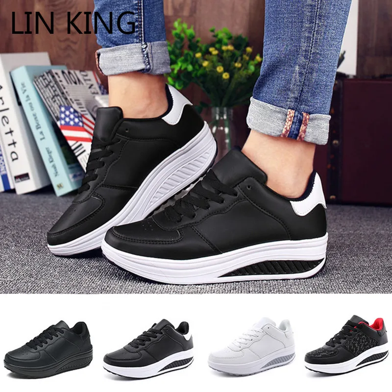 

LIN KING Women Height Increasing Casual Swing Shoes Breathable Fashion Waterproof Pu Wedges Platform Elevator Shoes Big Size 43