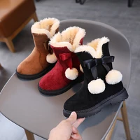 children snow boots for girls winter thick cotton bow non slip pu with plush ball cute solid color new ankle boots princess kids