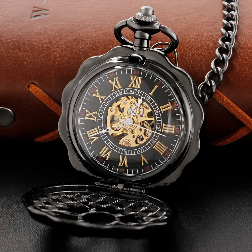 Black Petal Shaped Design Manual Gentleman Mechanical Pocket Watch Retro Men's Necklace Pendant Clock Women's Jewelry Gift