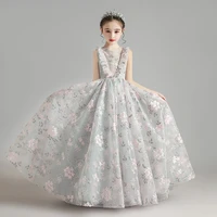 child elegant girls luxury evening dress birthday party grey long dresses embroidery christening princess kids ball gown wedding