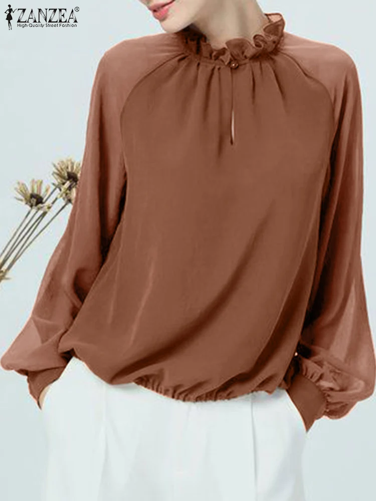 

Women Vintage Solid Blouse Spring Tunic Tops ZANZEA Elegant O Neck Long Sleeve Shirt Casual Loose Ruffles Chemise Work OL Tops