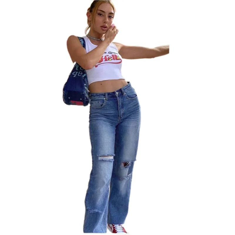 

High Waist Straight Leg Jeans For Women Vertical Ripped Denim Trousers Mop Pants Fashion High Streetwear Loose Female Trousers