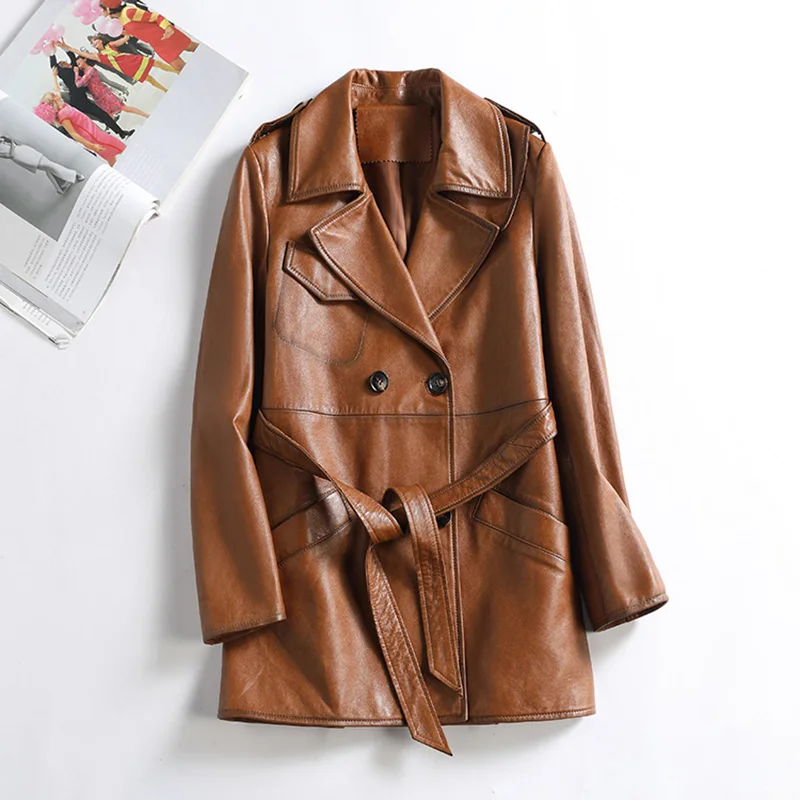 Women Leather Jacket Solid Belt Long Genuine Sheepskin Coat 2022 New Overcoat Retro CL4030