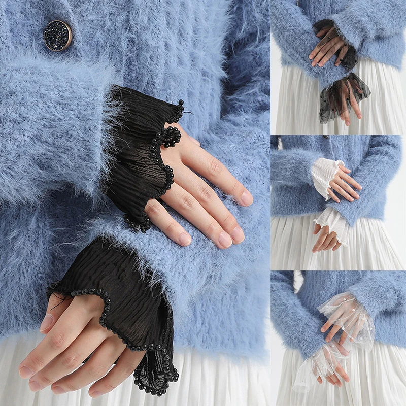 

1Pair Detachable Cuffs Pearl Lace Mesh Fake Flared Sleeves Double Layer Pleated Ruched False Cuffs Sweater Blouse Wrist Warmers