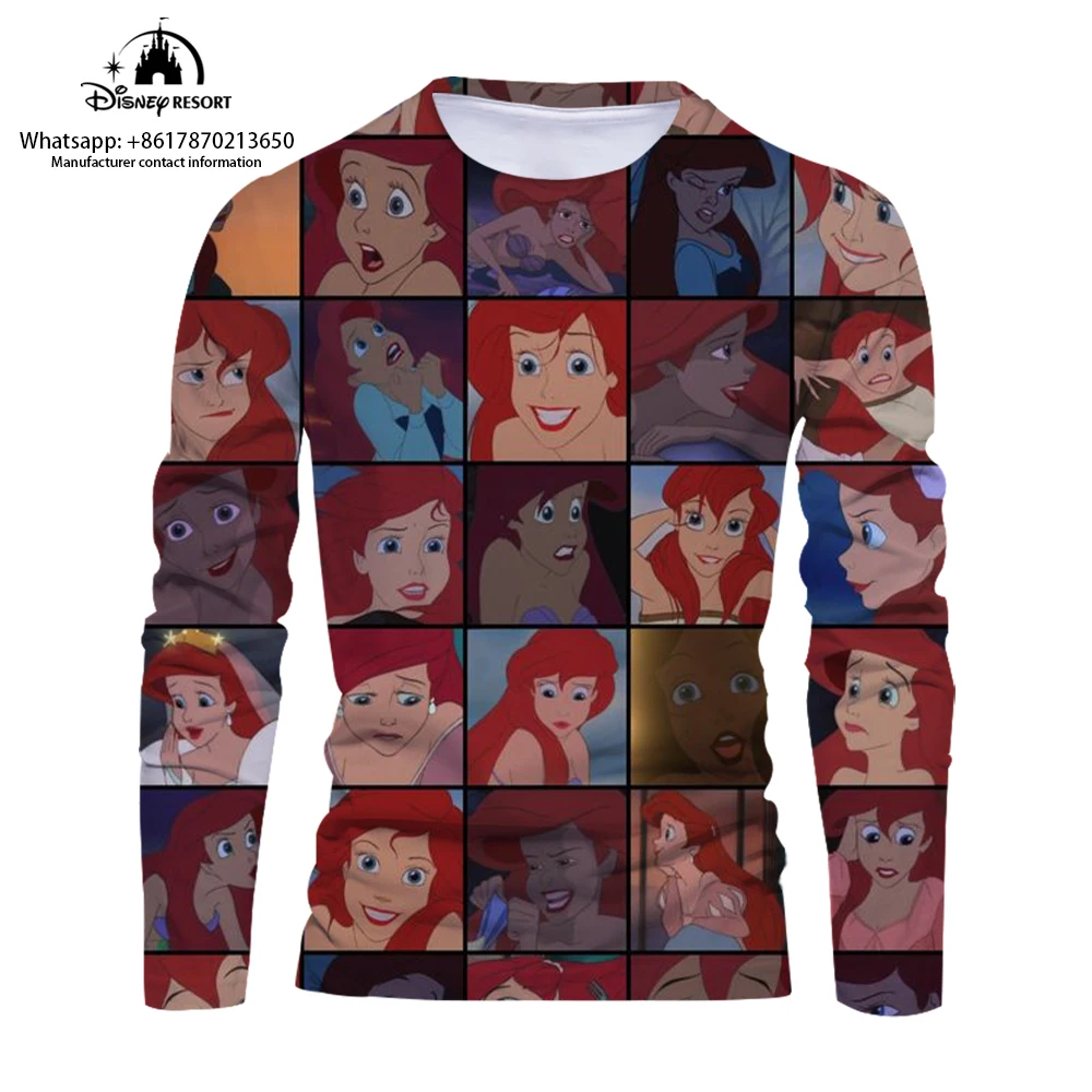 

Joint Disney animation cartoon printing 2023 latest trendy loose T-shirt outdoor casual Ariel round neck long-sleeved T-shirt