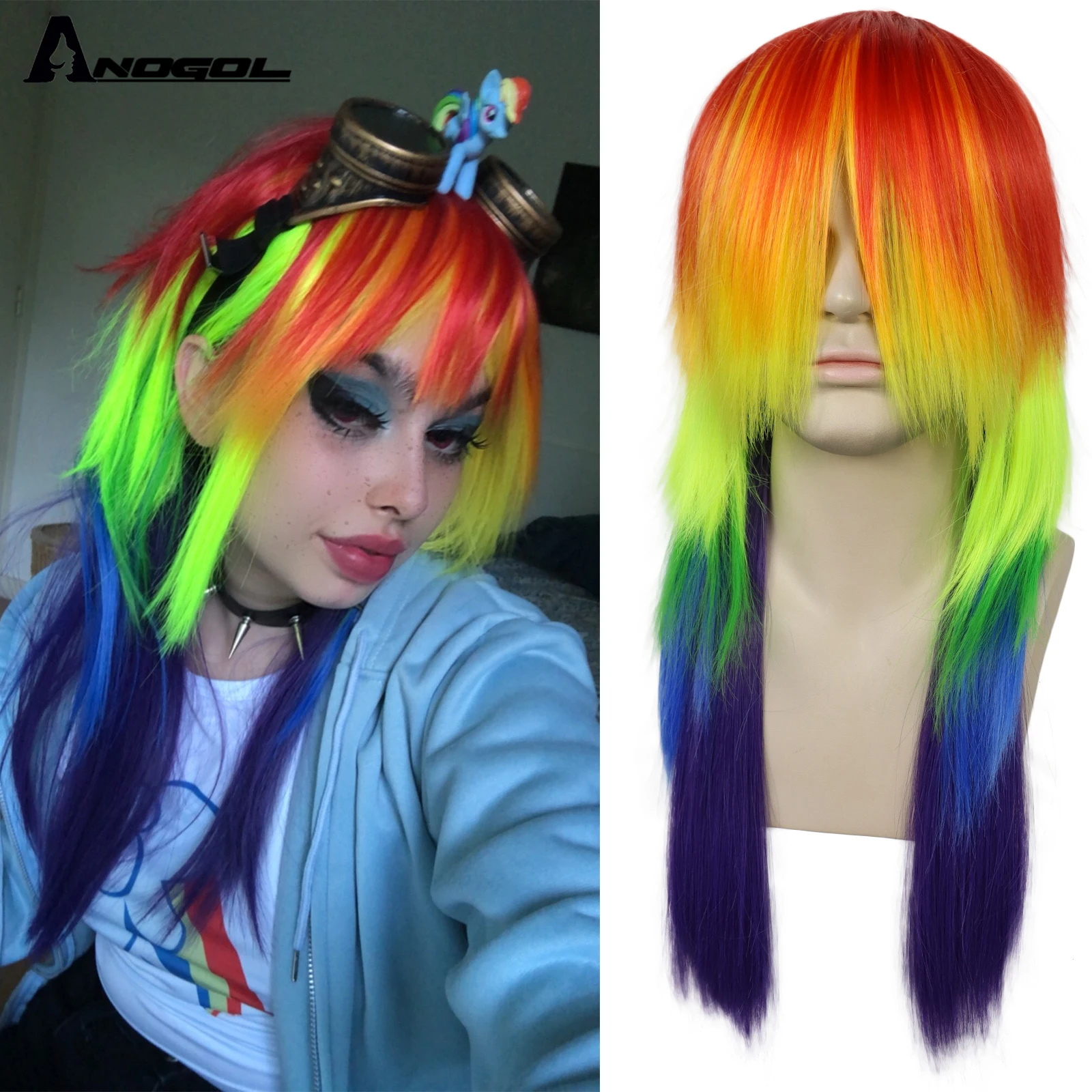 AN Synthetic My Little Pony Cosplay Wig Rainbow Dash Straight Wig with Bangs Lolita Multi-Colored Wavy Ponytails Hair Halloween
