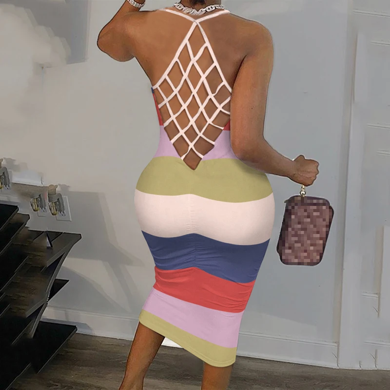 

Women Sexy Fishnet Backless Sleeveless Striped Bodycon Midi Dress Vacation Beach Dress Summer Holiday Dress