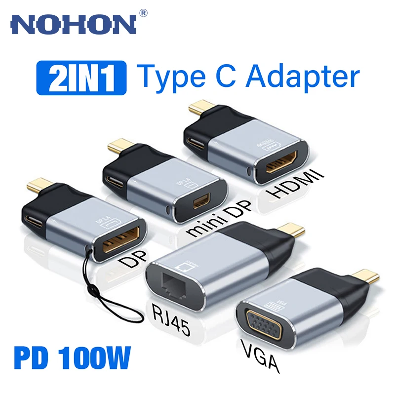 

USB Type C to HDMI/RJ45/DP/Mini DP/VGA Video Adapter 8K/4K@60Hz PD 100W Fast Charging 2 in 1 Converter for MacBook Pro Laptops