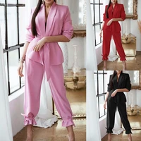 2022 new womens 2 piece set solid color casual suit coat legged casual pants set