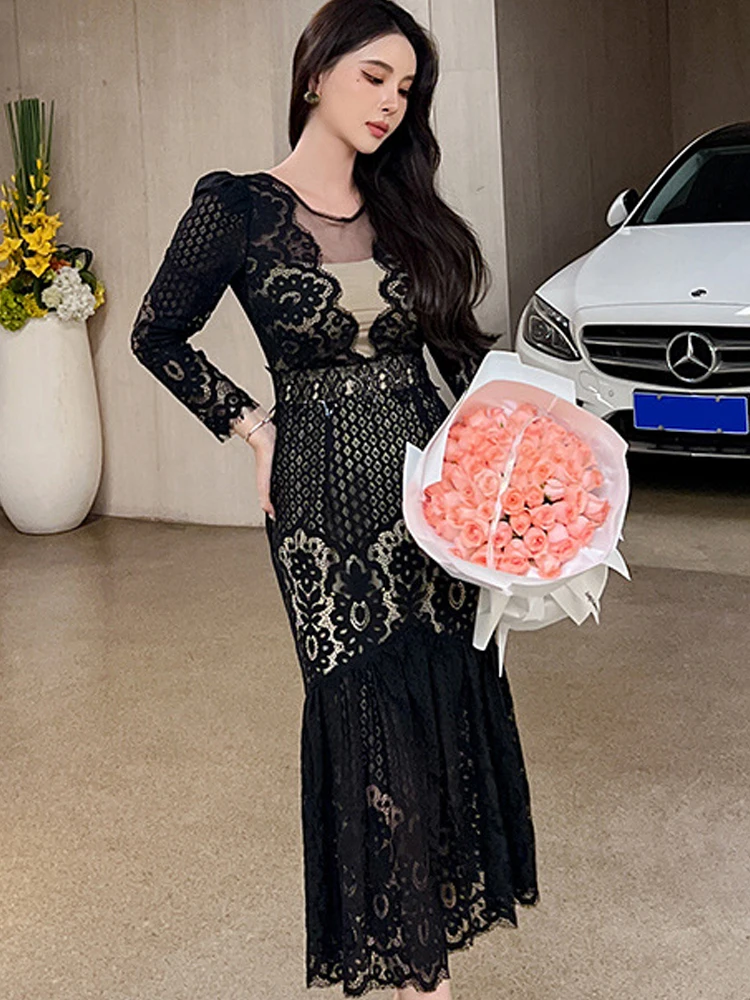 Женское кружевное платье-макси элегантное черное прозрачное платье с юбкой-годе
