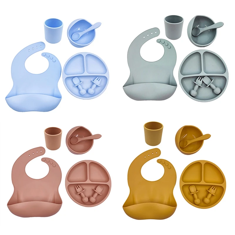 

6PCS/Set Baby Silicone Tableware Tools Kids Plate Plate/Tray Bibs Cup Sets Children Non-slip Dinnerware Dish Set BPA Free Babis