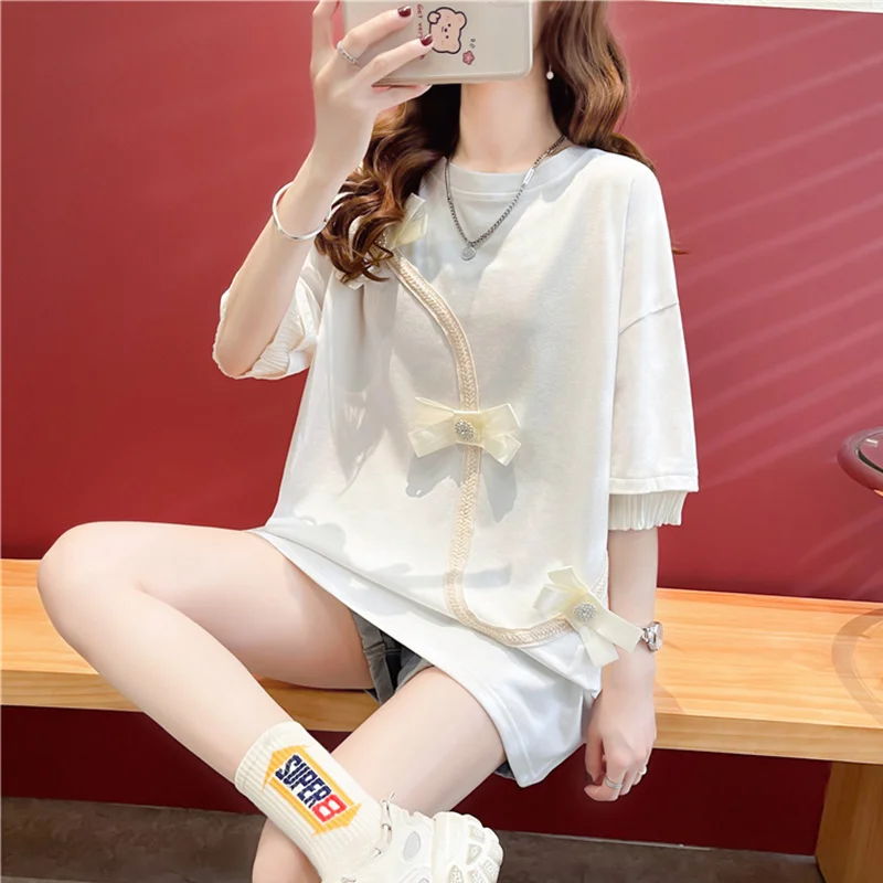 #0693 женская футболка в китайском стиле длинная свободная однотонная с круглым