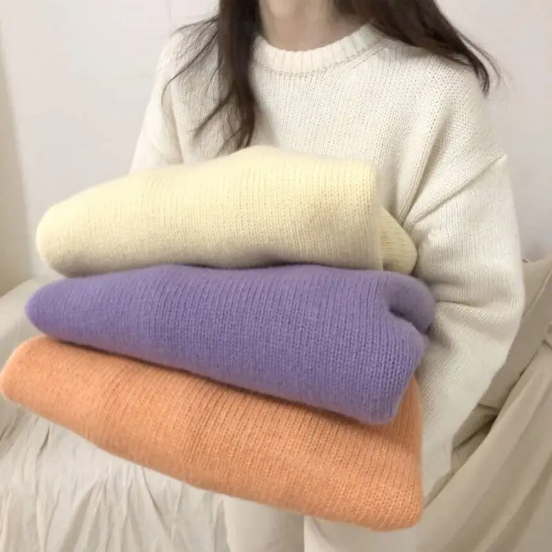 

New Korean Autumn and Winter Women's Sweater 2020 Autumn Solid Color Round Neck Loose Knit Sweater Women's Clothing Ju1254