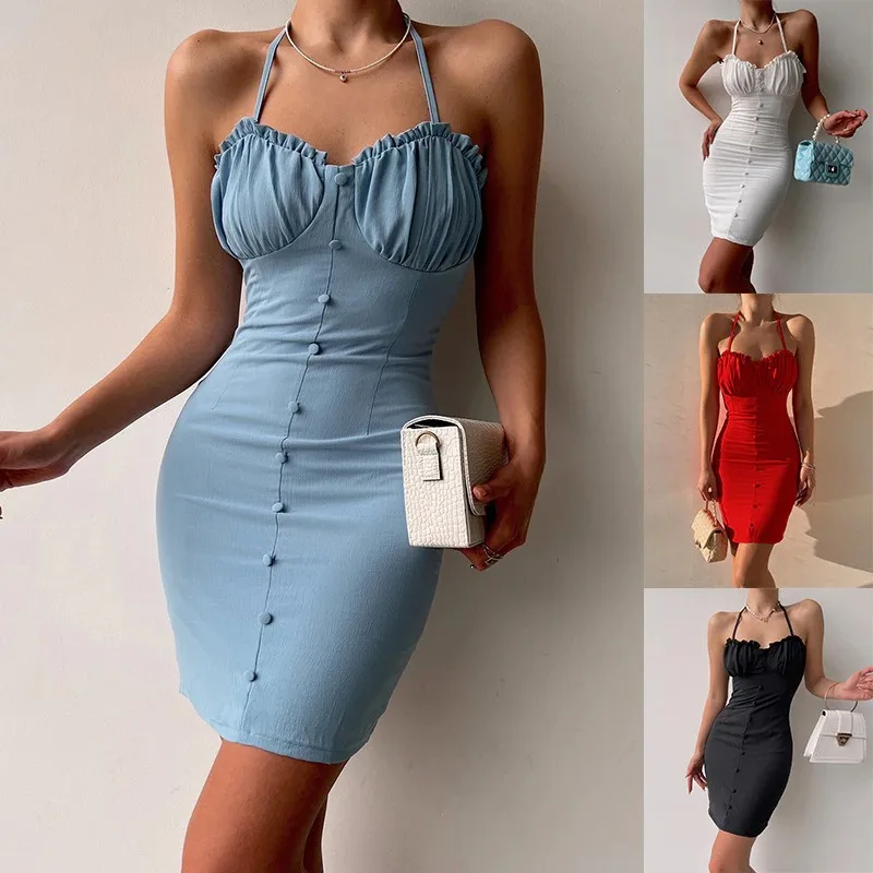 

European American New Fashion Solid Color Hanging Neck Elegant Ear Trim Dress Jumpsuit Group Sexy Mini Skirt Nightclub Clothes
