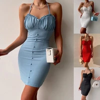 european american new fashion solid color hanging neck elegant ear trim dress jumpsuit group sexy mini skirt nightclub clothes